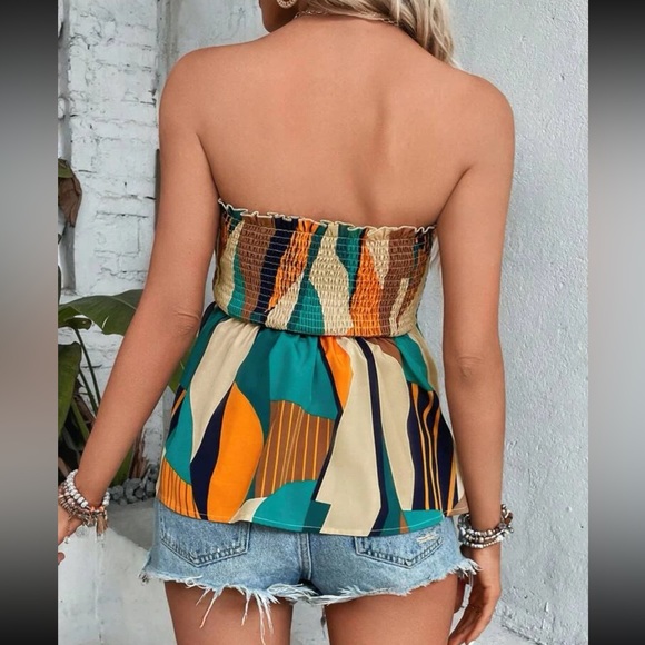 Boho Abstract  Striped Geo Print Frill Knot Front Strapless Top Blouse Shirt - Picture 6 of 12